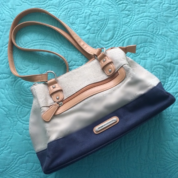 Stone Mountain Navy Beige Canvas Faux Leather Bag - Picture 8 of 8